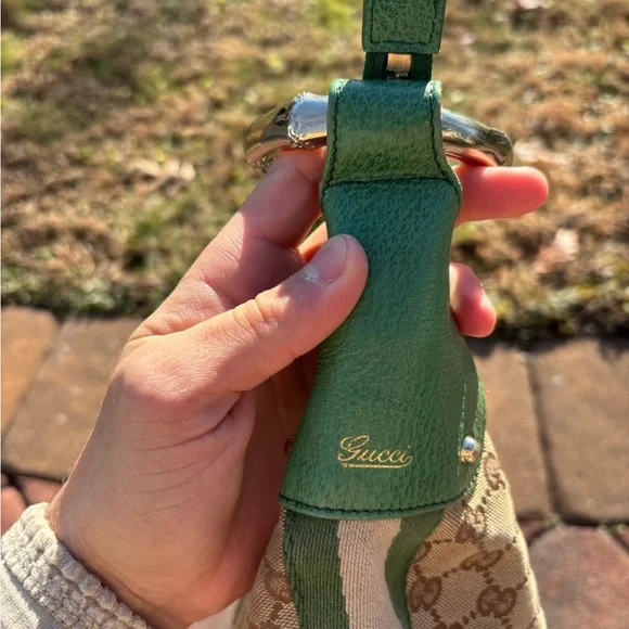 Vintage Gucci Shoulder Bag GG Pattern Bamboo 131036 Beige Brown Green Leather - Picture 6 of 16